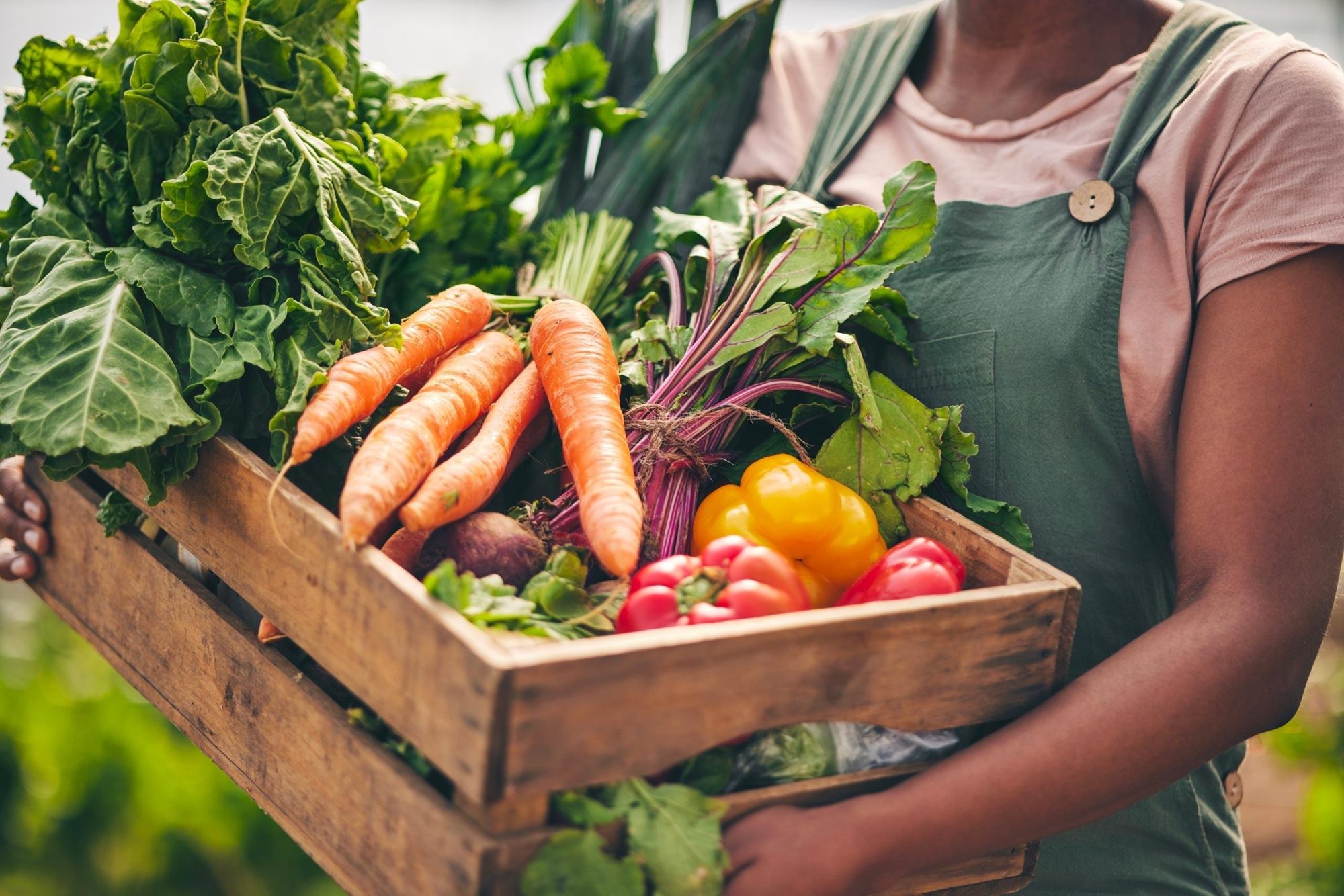 Une personne porte une caisse en bois contenant des légumes